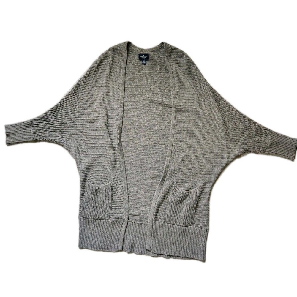 American Eagle Gray Ribbed Open Cardigan Batwing 3/4 Sleeve Pockets Womens M EUC